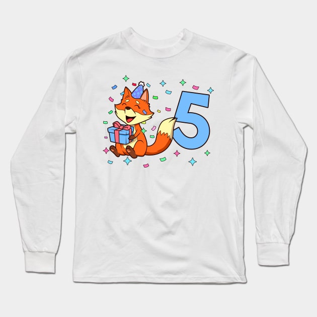 I am 5 with fox - boy birthday 5 years old Long Sleeve T-Shirt by Modern Medieval Design